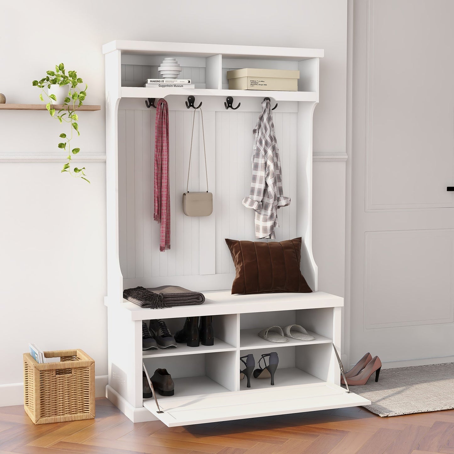 Hall Tree with Coat Rack 4 Hooks and Storage Bench