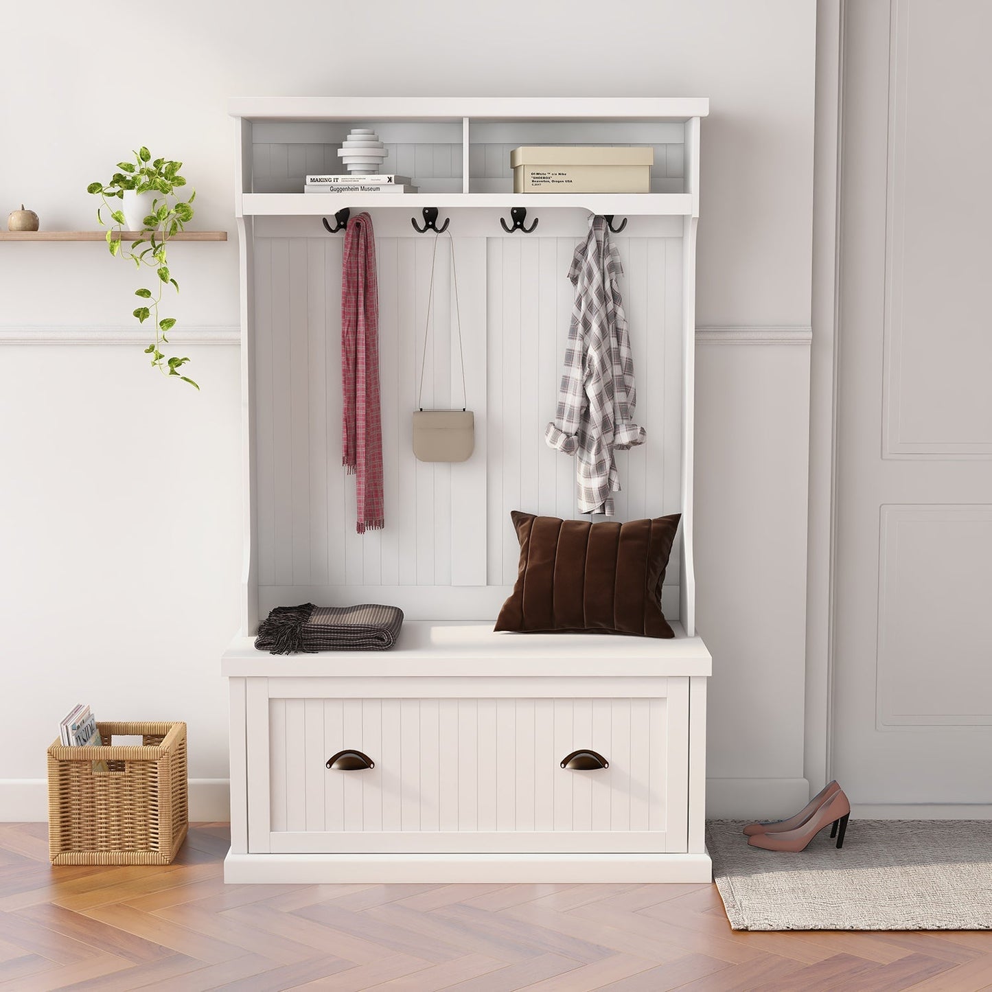 Hall Tree with Coat Rack 4 Hooks and Storage Bench