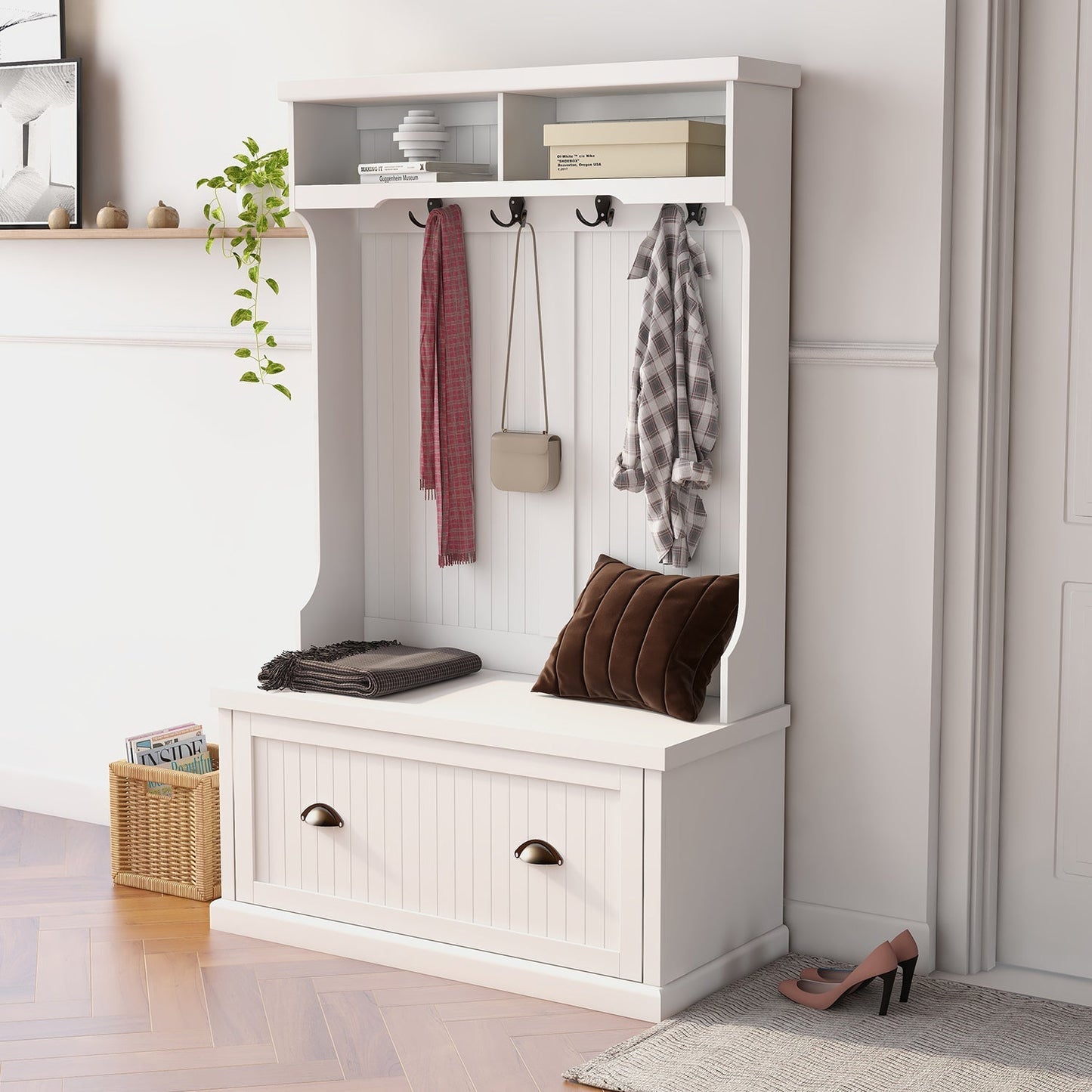 Hall Tree with Coat Rack 4 Hooks and Storage Bench