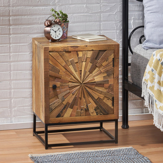 Handcrafted Wood Nightstand with Sunburst Design