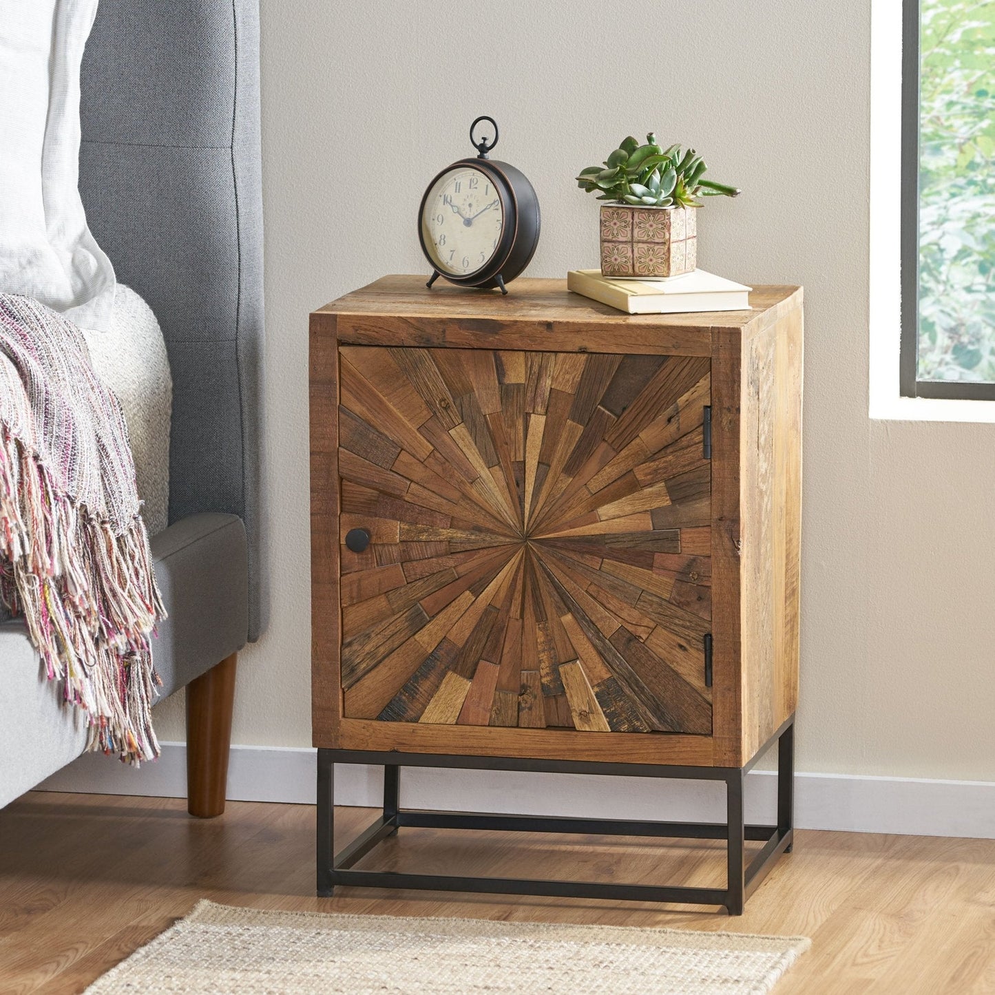 Handcrafted Wood Nightstand with Sunburst Design