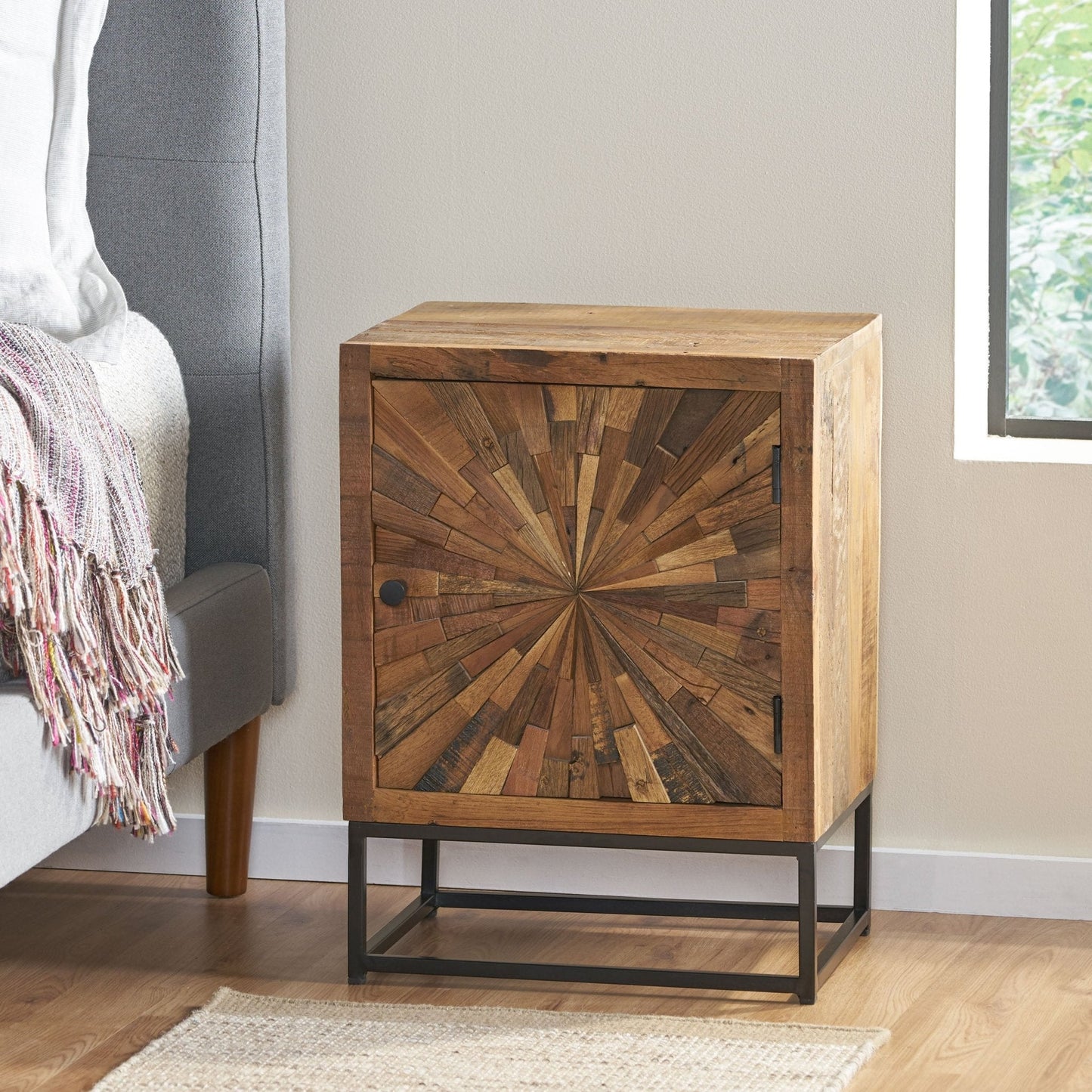 Handcrafted Wood Nightstand with Sunburst Design