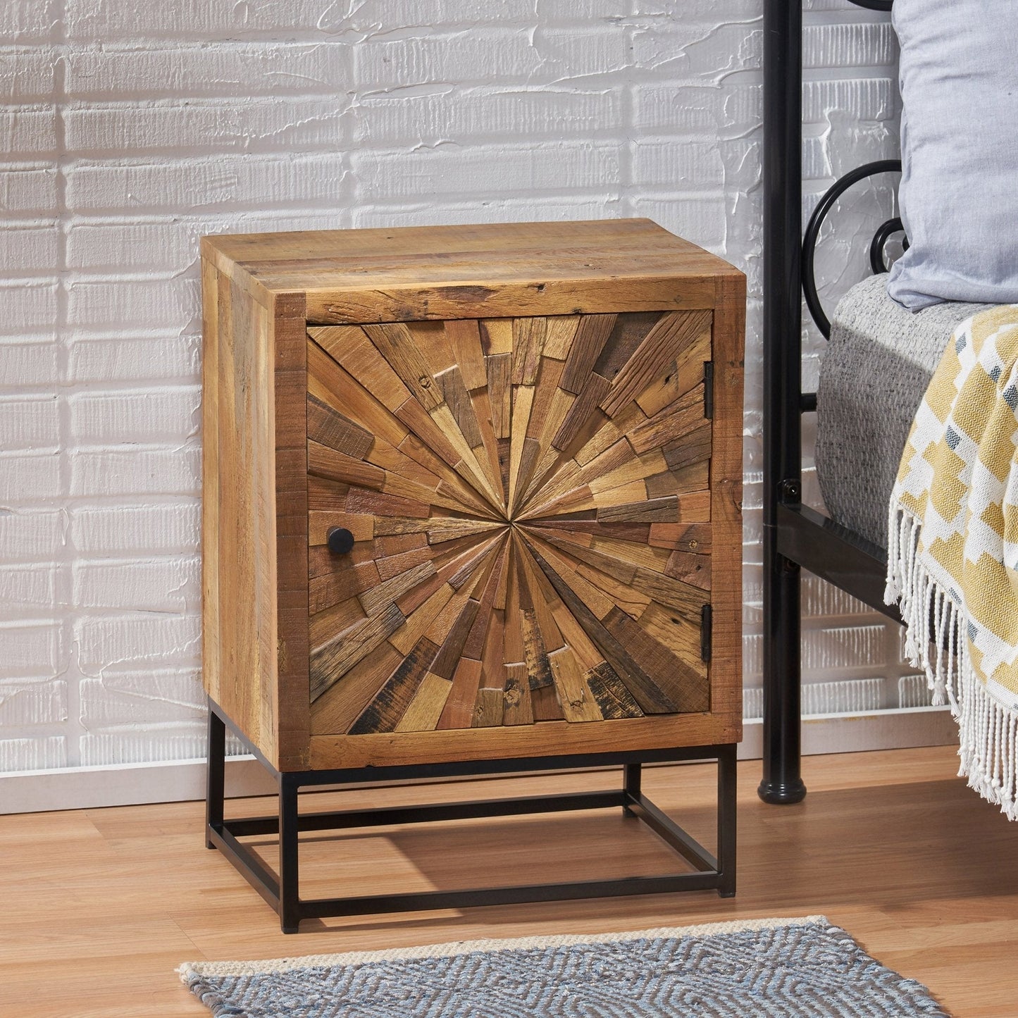 Handcrafted Wood Nightstand with Sunburst Design