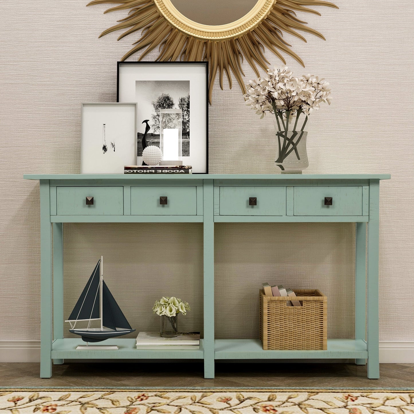 Hayden 59'' Rustic Console Table with 4 Drawers and Bottom Shelf