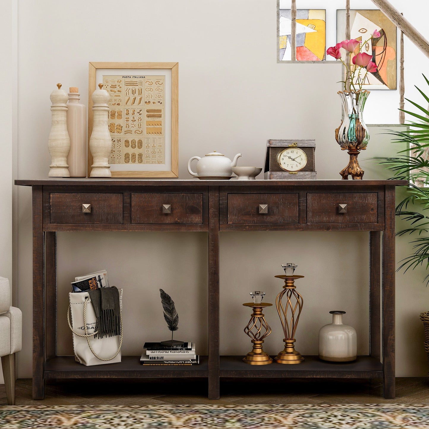 Hayden 59'' Rustic Console Table with 4 Drawers and Bottom Shelf
