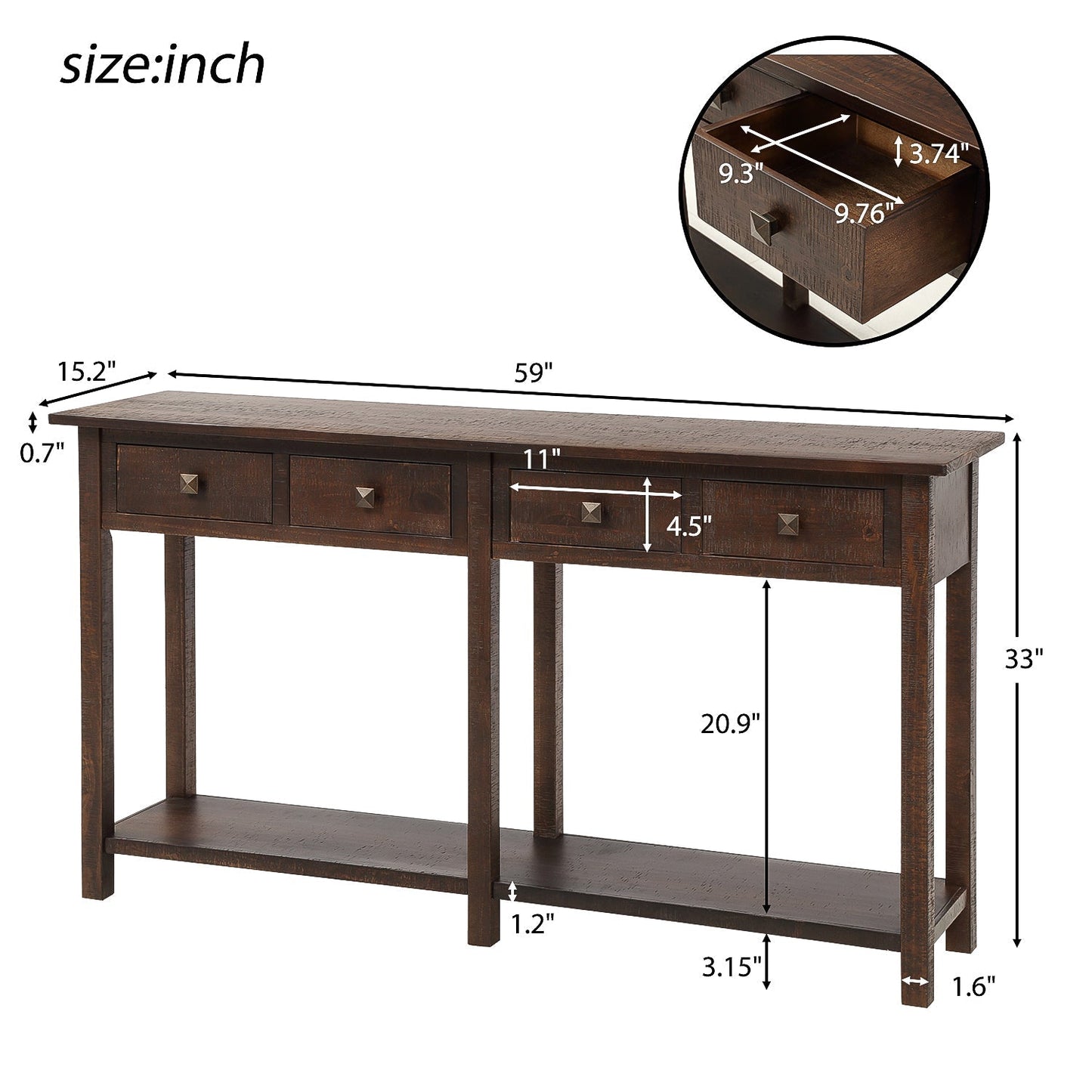 Hayden 59'' Rustic Console Table with 4 Drawers and Bottom Shelf