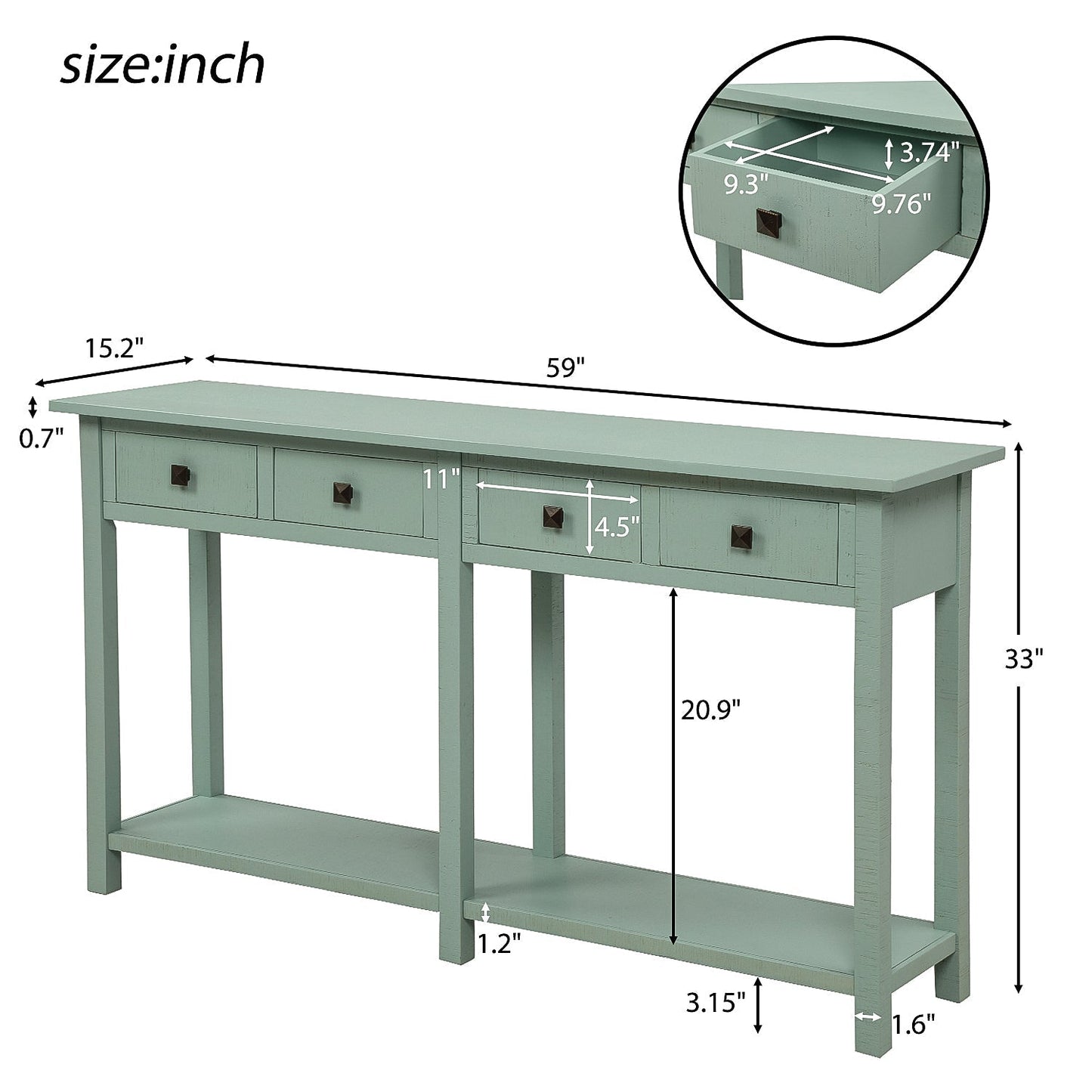 Hayden 59'' Rustic Console Table with 4 Drawers and Bottom Shelf