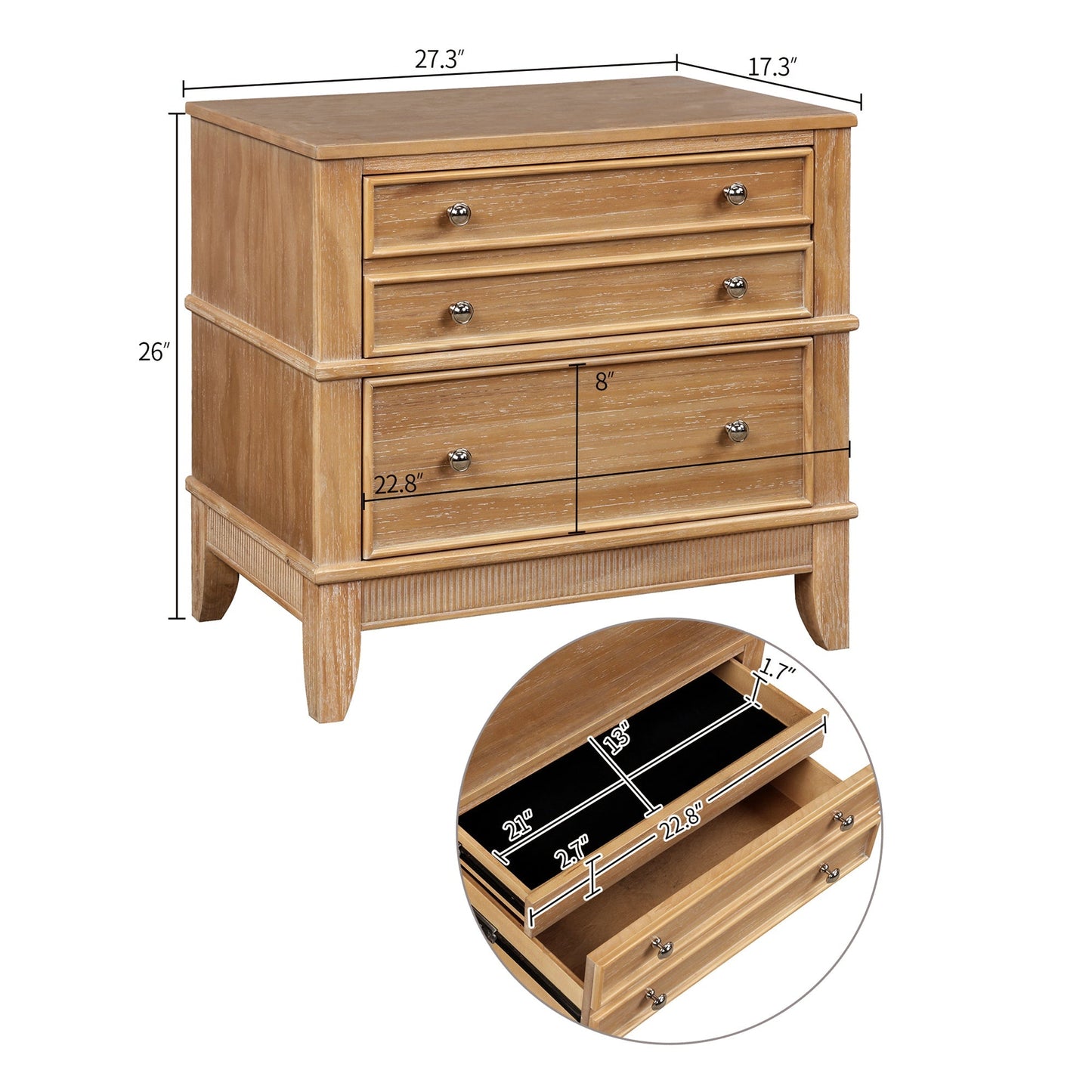 Hazel Side Table with 3 Drawers and Silver Handle