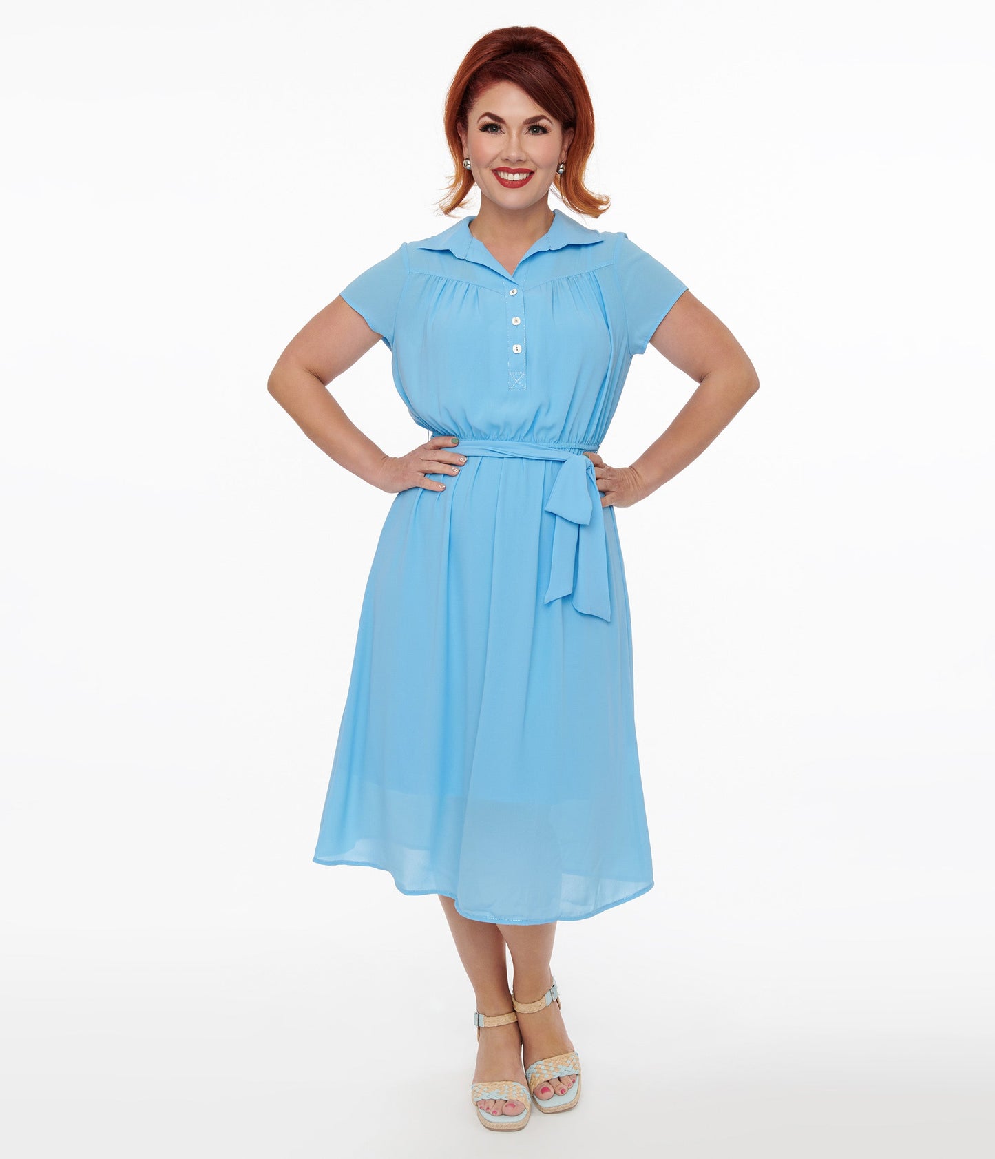 Hell Bunny 1930s Baby Blue Chiffon Midi Pearl Dress