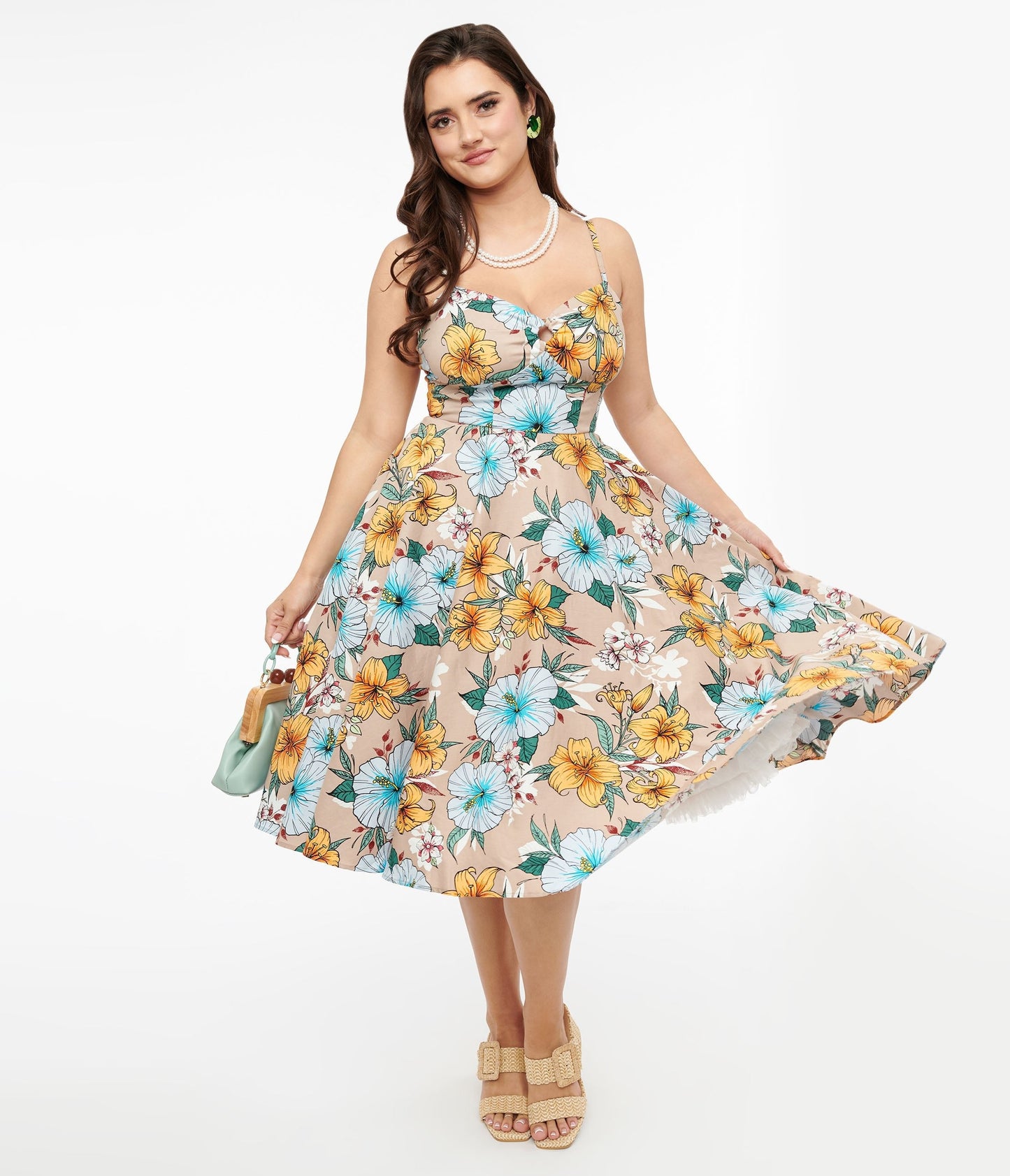Hell Bunny 1950s Light Brown & Blue Tropical Floral Print Cotton Pattaya Midi Dress