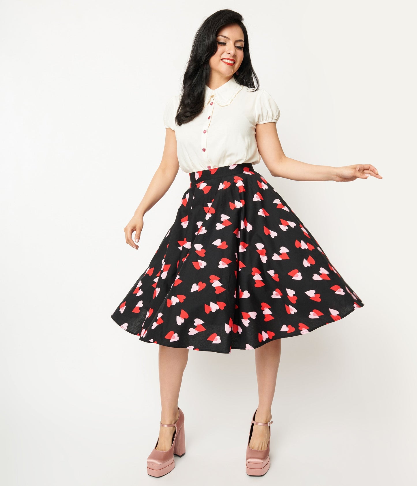 Hell Bunny Pink & Red Heart Confetti Swing Skirt