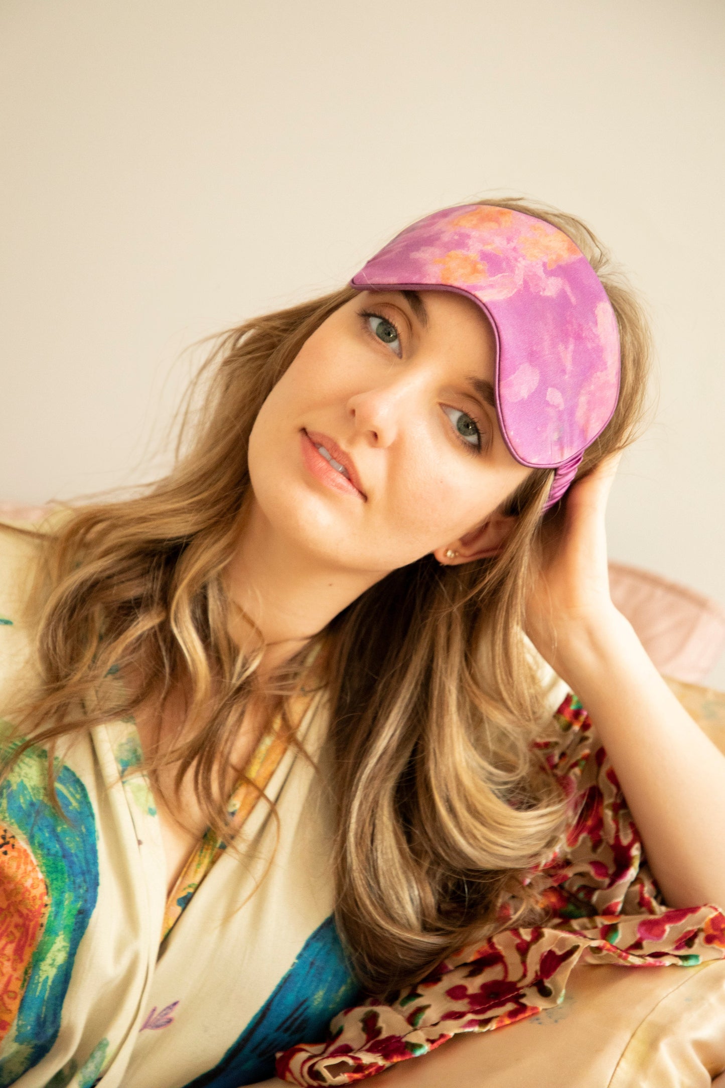 Botanical Print • Silk Sleep Eye Mask + Hair Scrunchie Set / Hot Peony