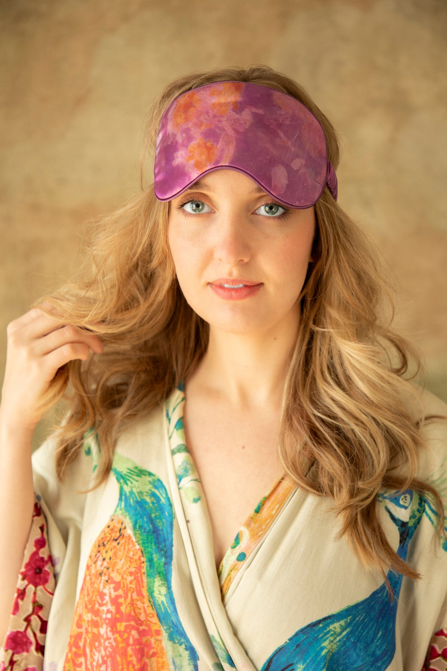 Botanical Print • Silk Sleep Eye Mask + Hair Scrunchie Set / Hot Peony
