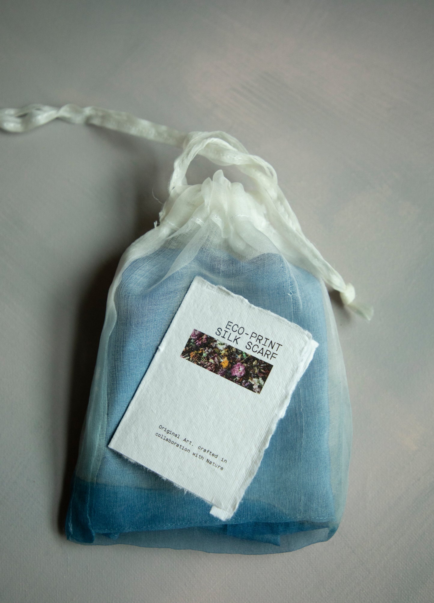 Original Eco-Print Silk Scarf 19 x 19" {Indigo Dip-Dyed}