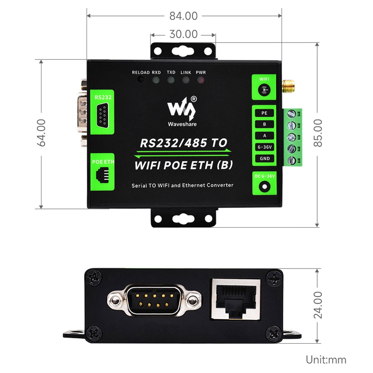 Industrial Grade Serial Server RS232/485 To WiFi and PoE Ethernet