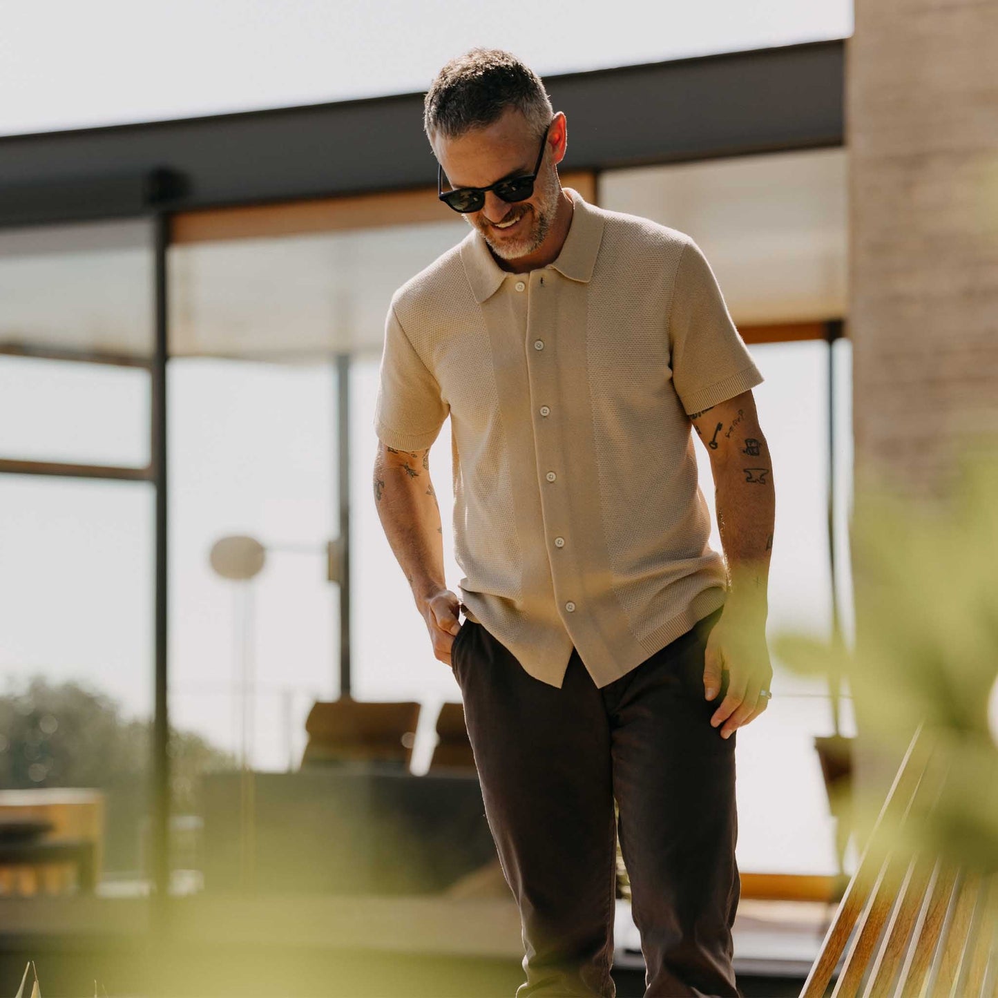 The Button Down Polo in Faded Khaki Seed Stitch