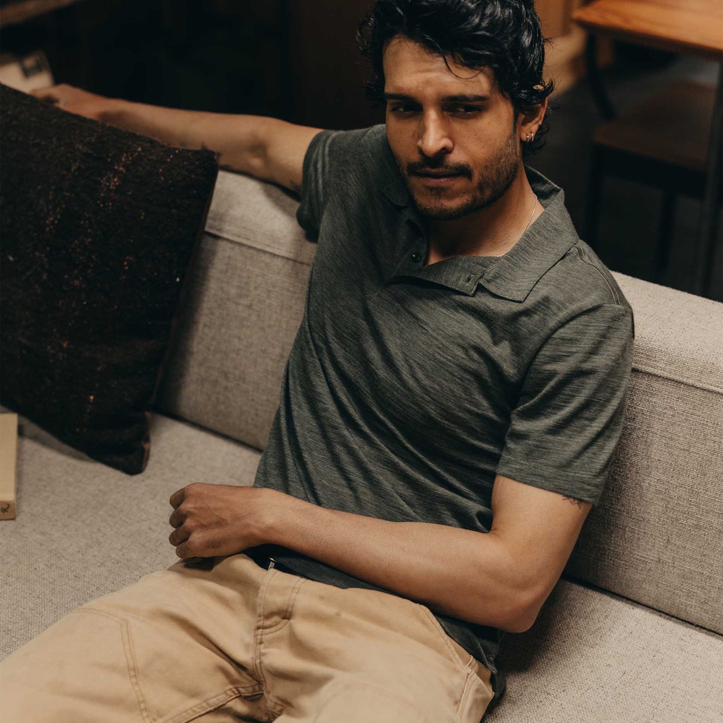 The Merino Polo in Heather Army