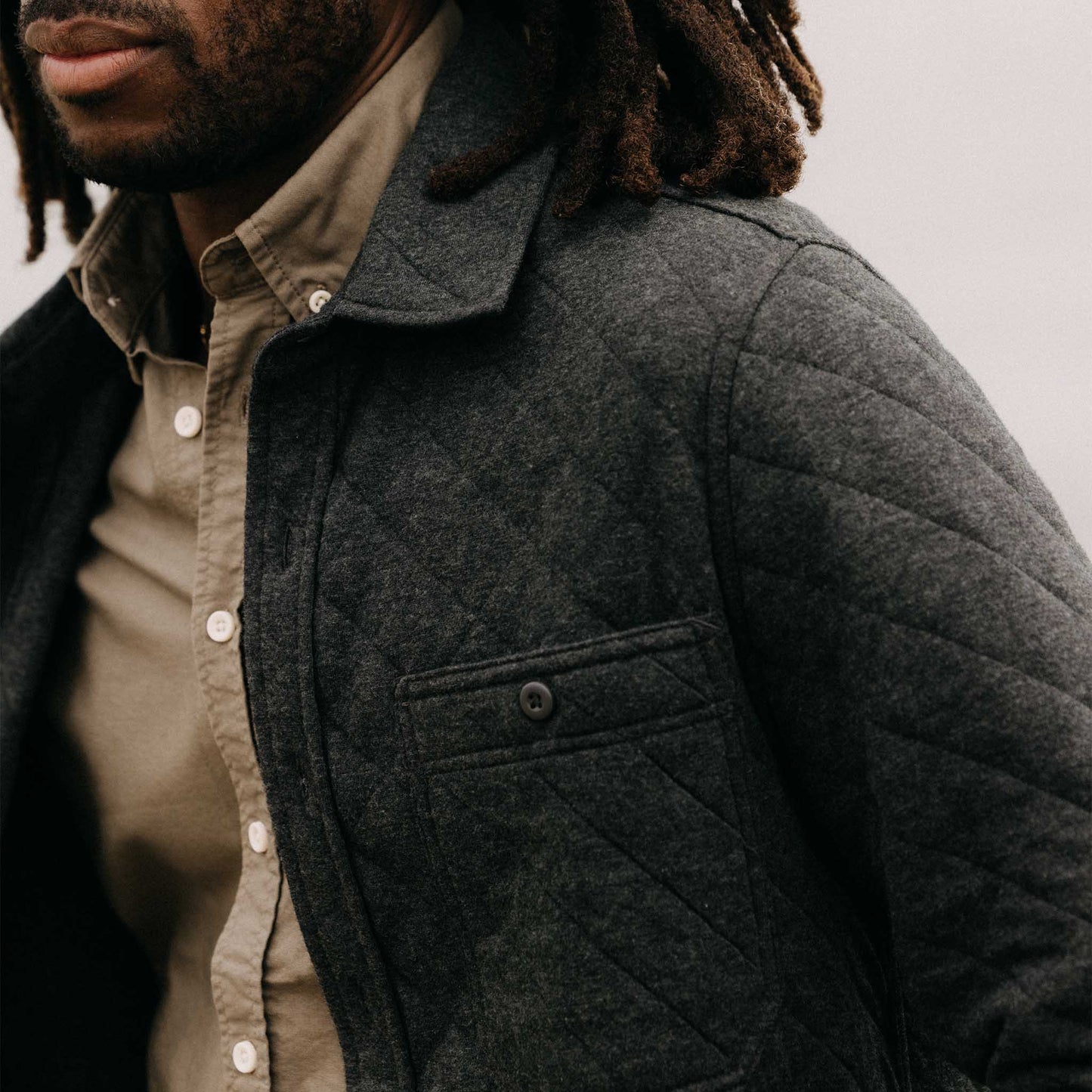 The Fall Line Overshirt in Heather Coal Quilted Jersey