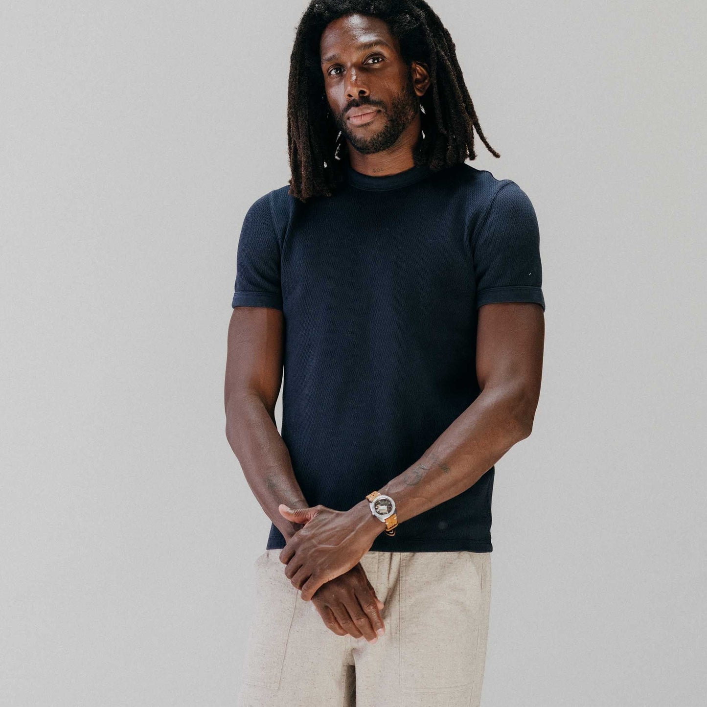 The Organic Cotton Short Sleeve Crew in Dark Navy Waffle