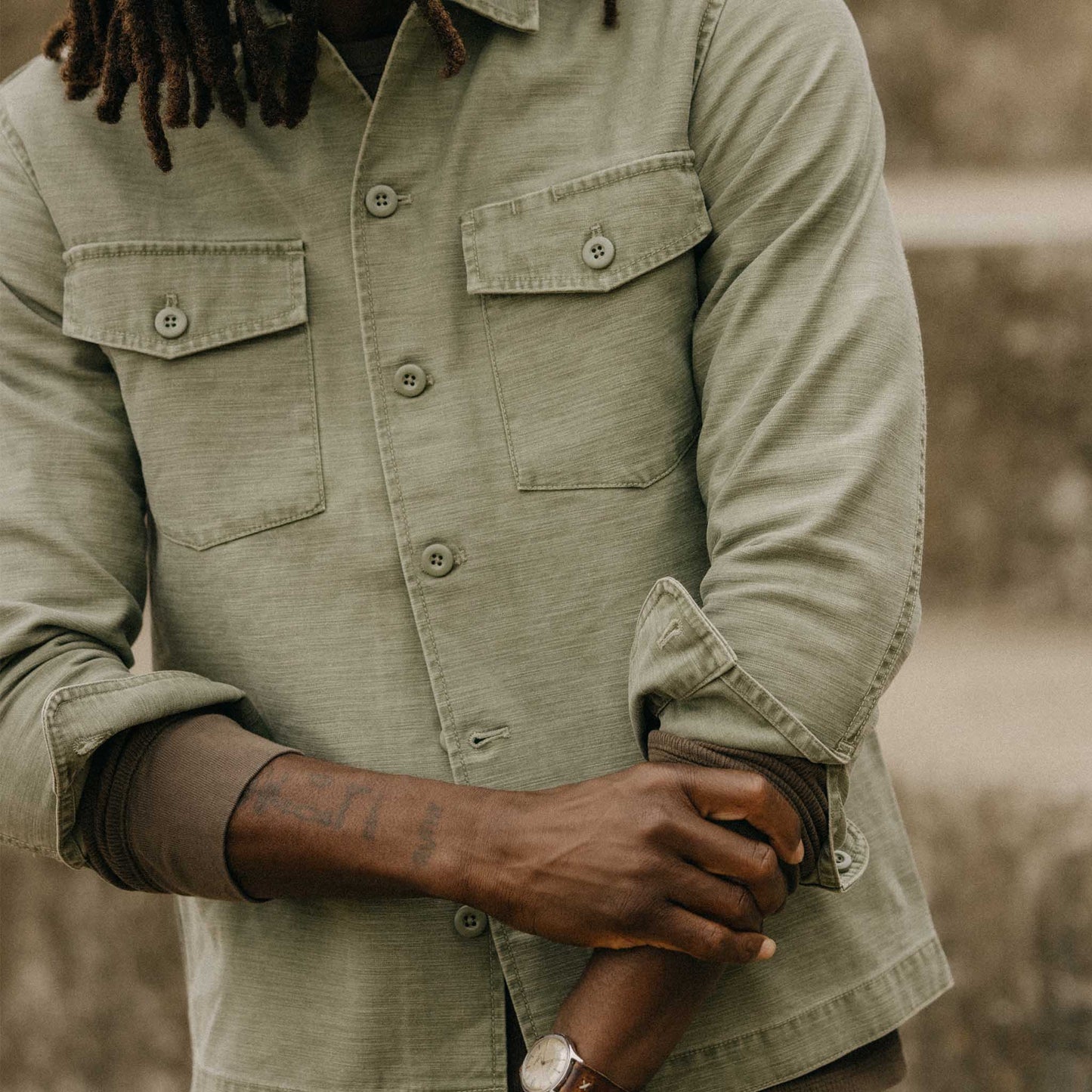 The Surplus Shirt in Field Olive Reverse Sateen