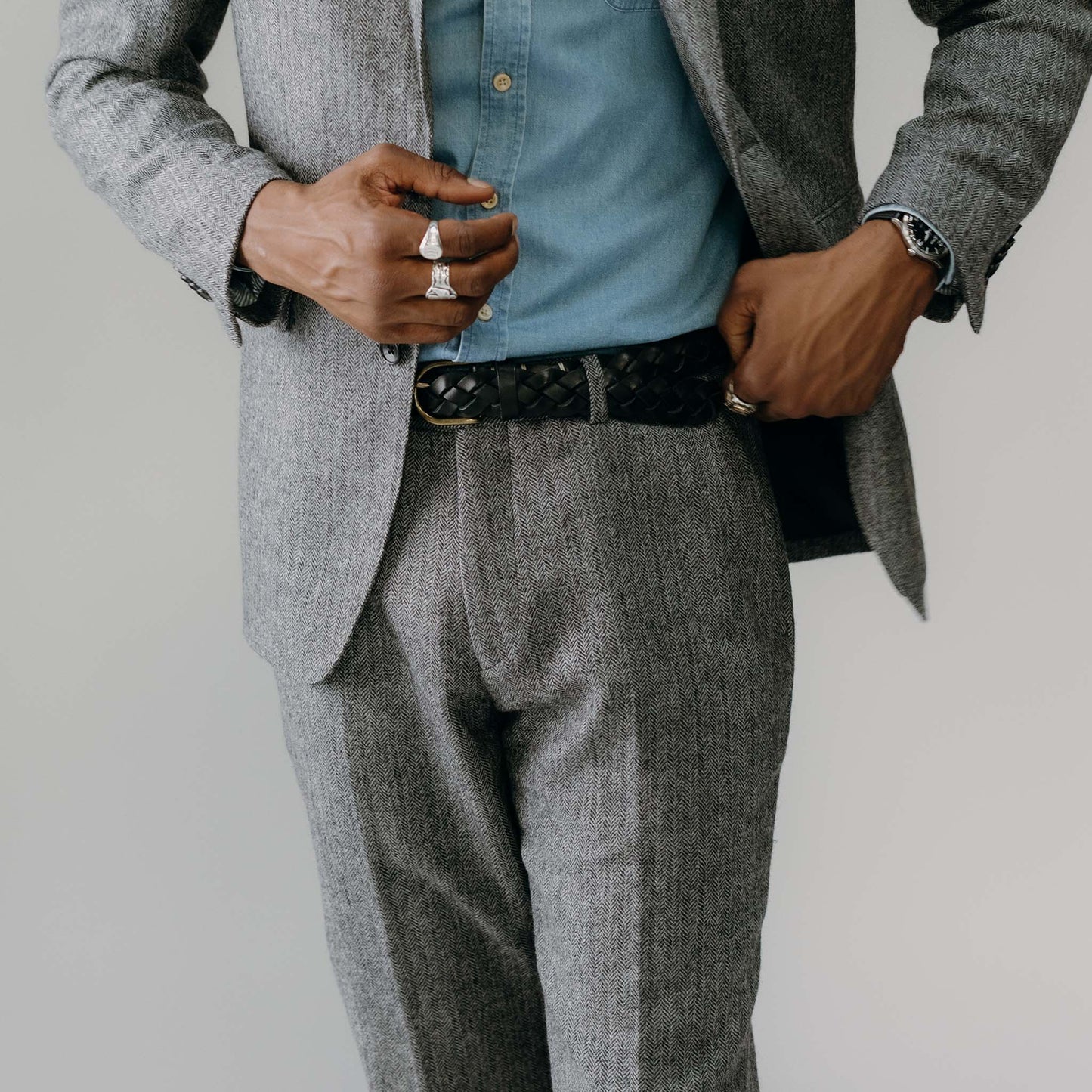The Stevens Trouser in Slate Herringbone Wool