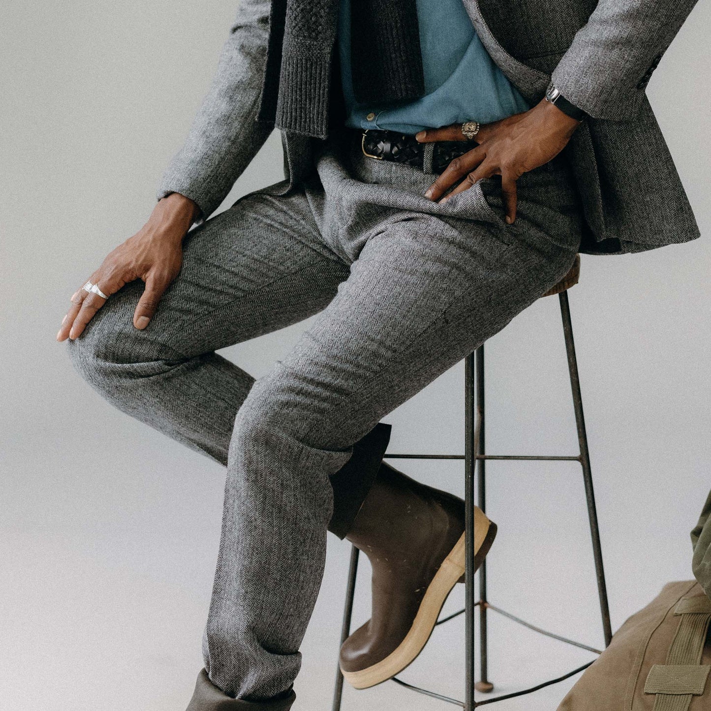 The Stevens Trouser in Slate Herringbone Wool
