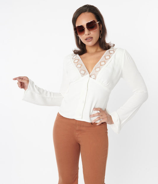 Ivory Lace Trim Bell Long Sleeve Top