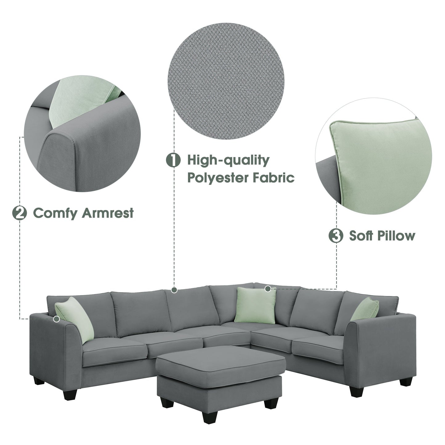 Jordan 3 Piece L Shaped Sectional Sofa with Ottoman and 3 Pillows