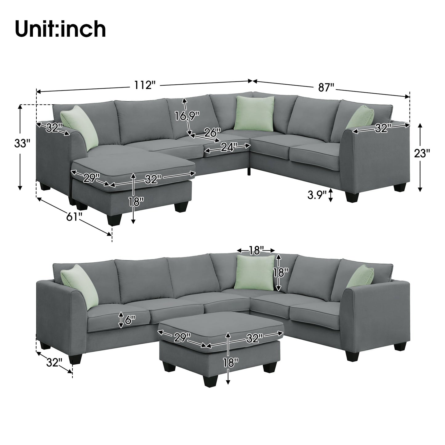 Jordan 3 Piece L Shaped Sectional Sofa with Ottoman and 3 Pillows