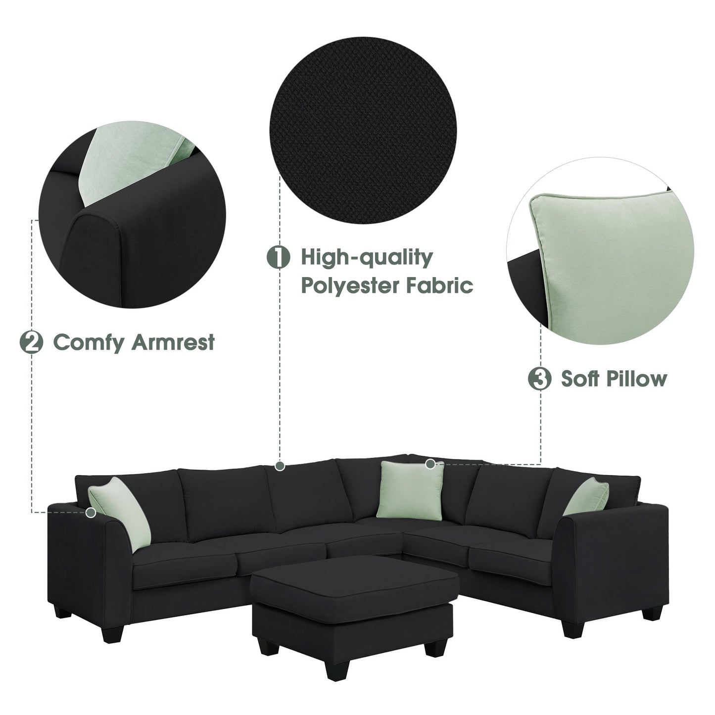 Jordan 3 Piece L Shaped Sectional Sofa with Ottoman and 3 Pillows
