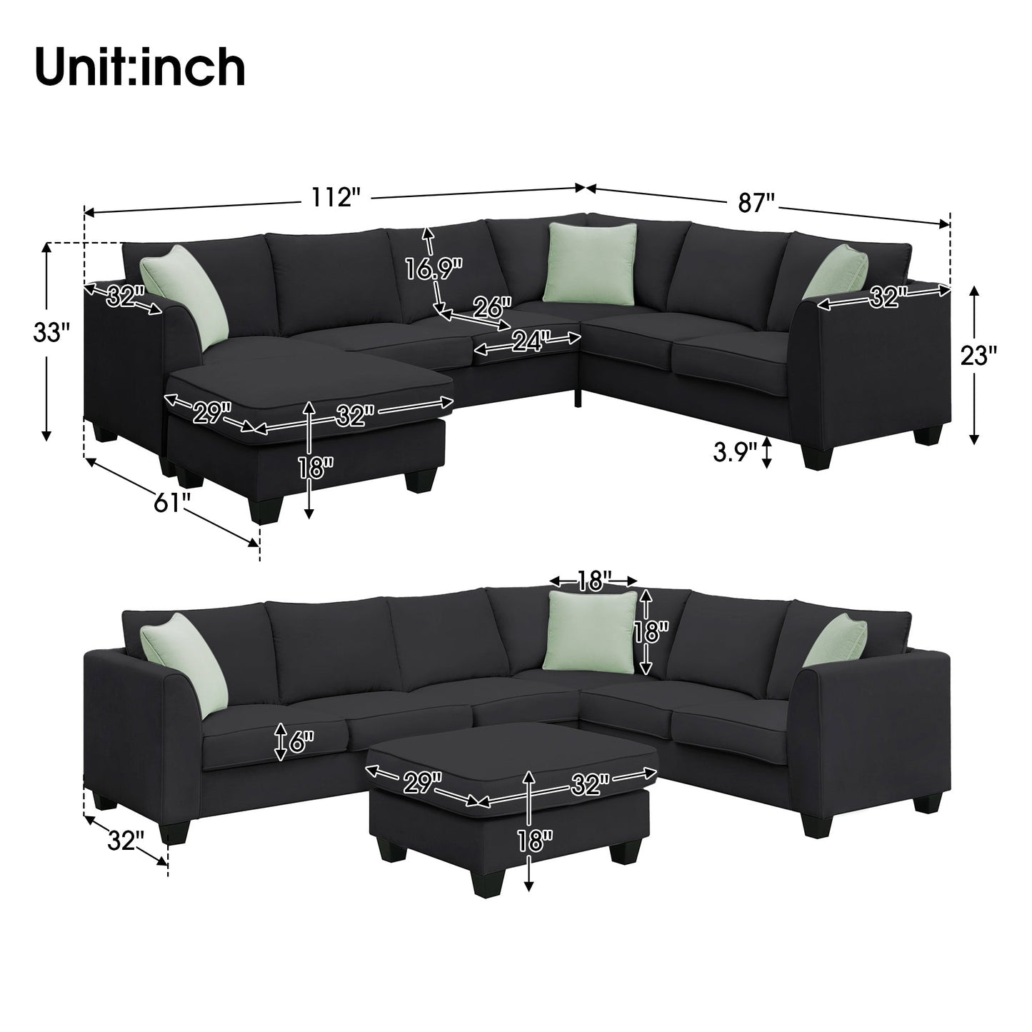 Jordan 3 Piece L Shaped Sectional Sofa with Ottoman and 3 Pillows