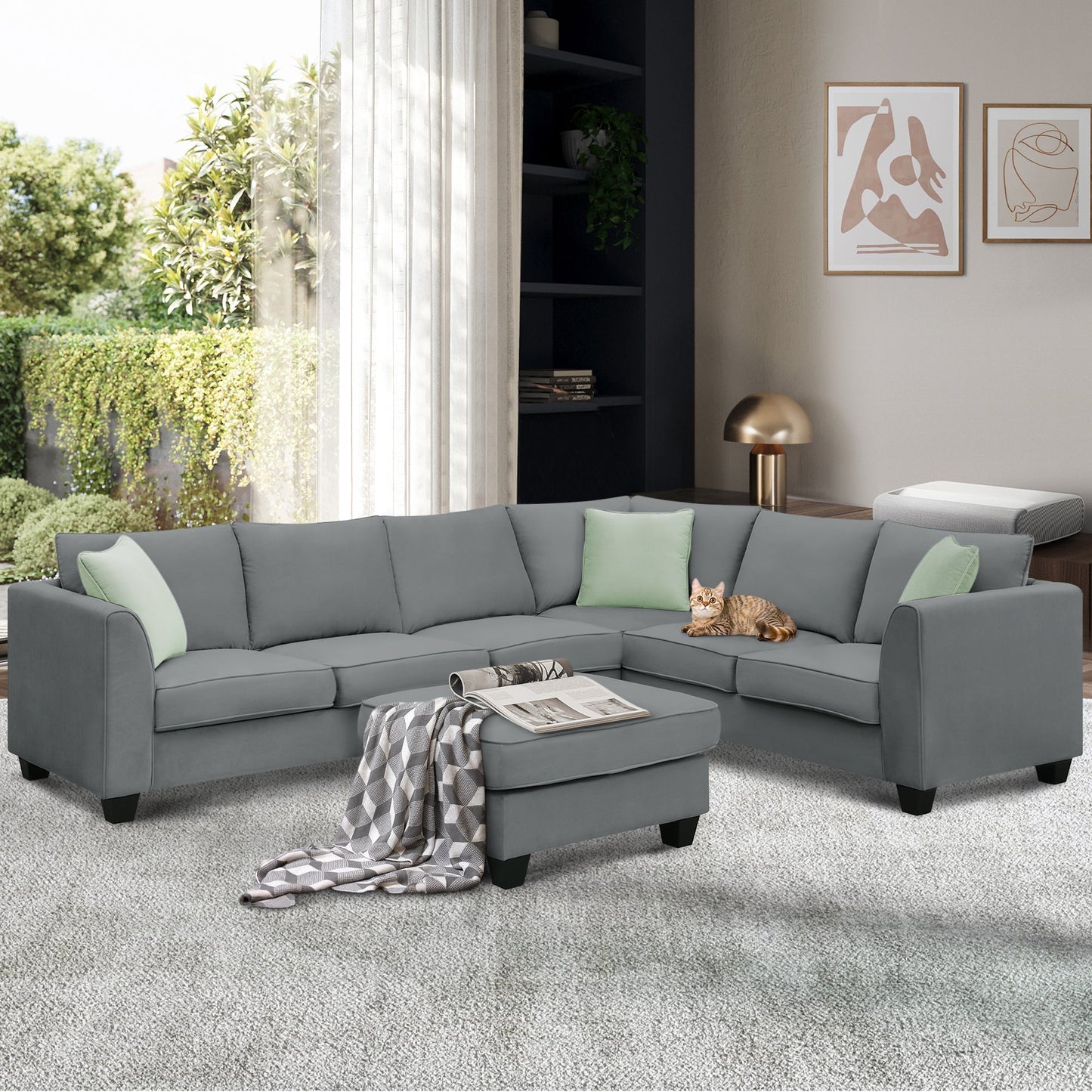 Jordan 3 Piece L Shaped Sectional Sofa with Ottoman and 3 Pillows