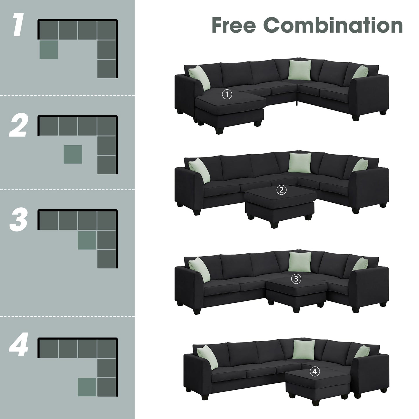 Jordan 3 Piece L Shaped Sectional Sofa with Ottoman and 3 Pillows