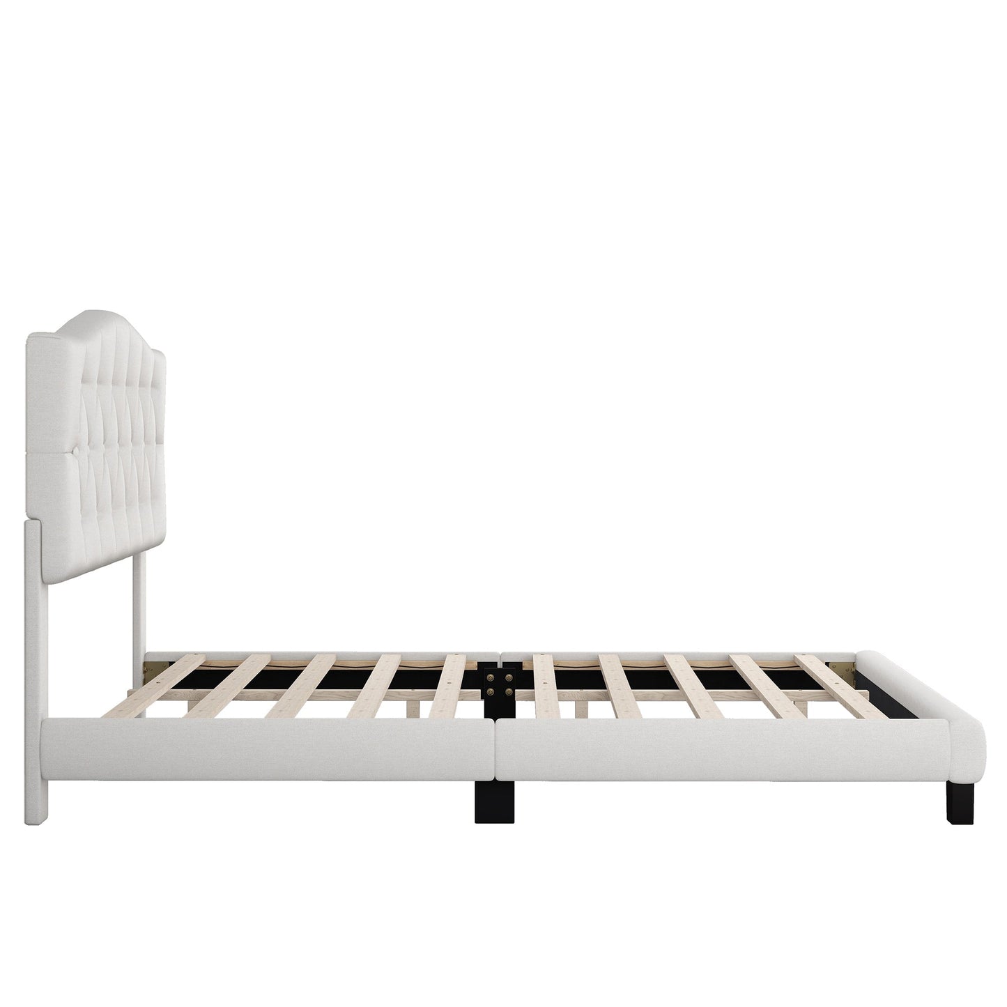 Josephine Upholstered Platform Bed with Saddle Curved Headboard and Diamond Tufted Details-Beige