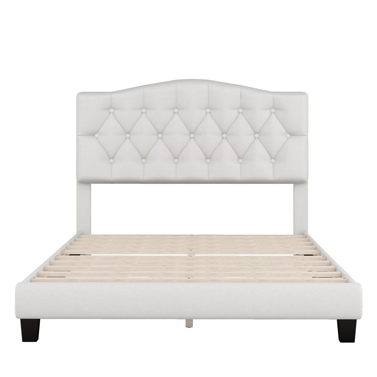 Josephine Upholstered Platform Bed with Saddle Curved Headboard and Diamond Tufted Details-Beige