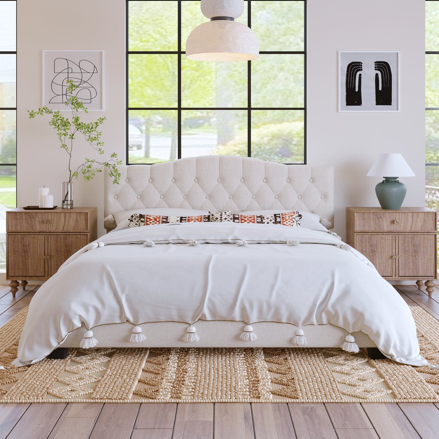 Josephine Upholstered Platform Bed with Saddle Curved Headboard and Diamond Tufted Details-Beige