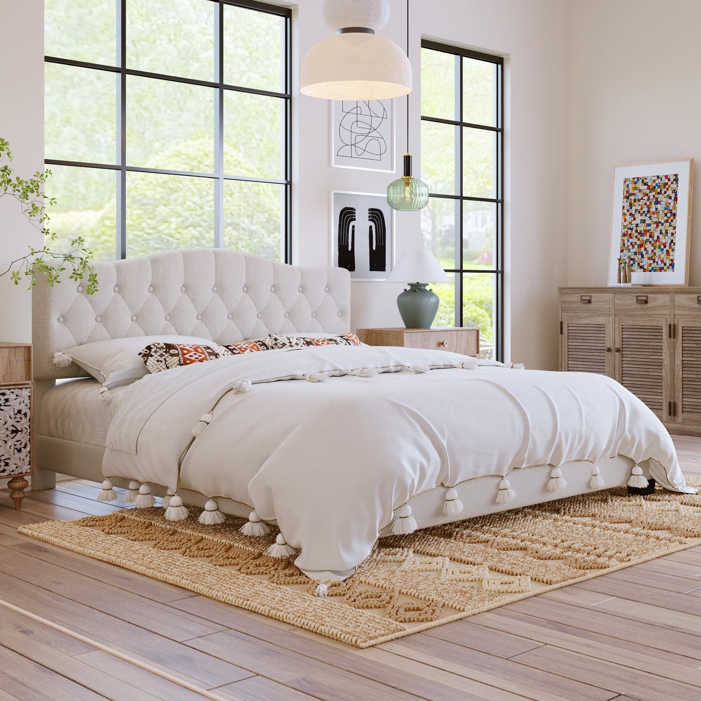 Josephine Upholstered Platform Bed with Saddle Curved Headboard and Diamond Tufted Details-Beige