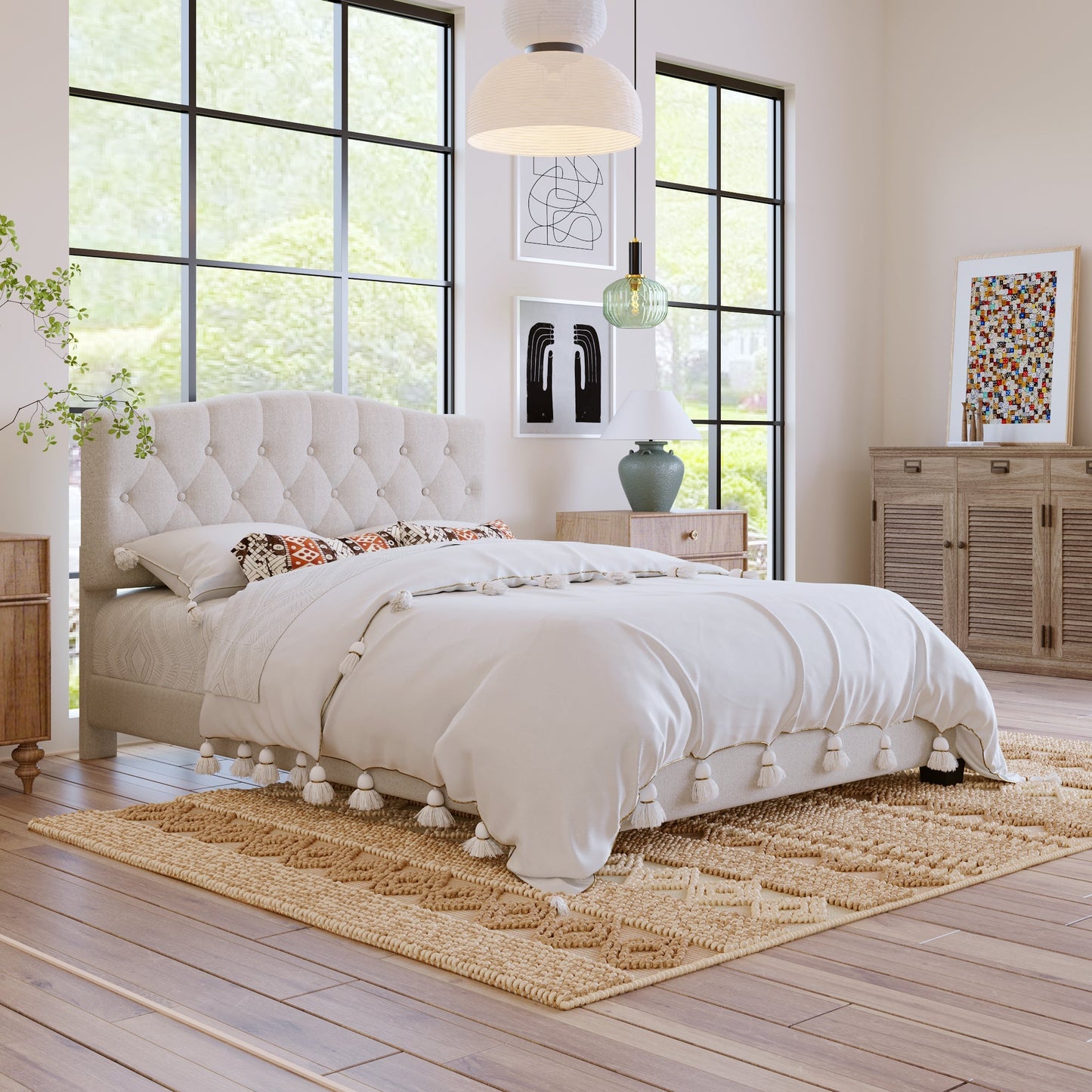Josephine Upholstered Platform Bed with Saddle Curved Headboard and Diamond Tufted Details-Beige