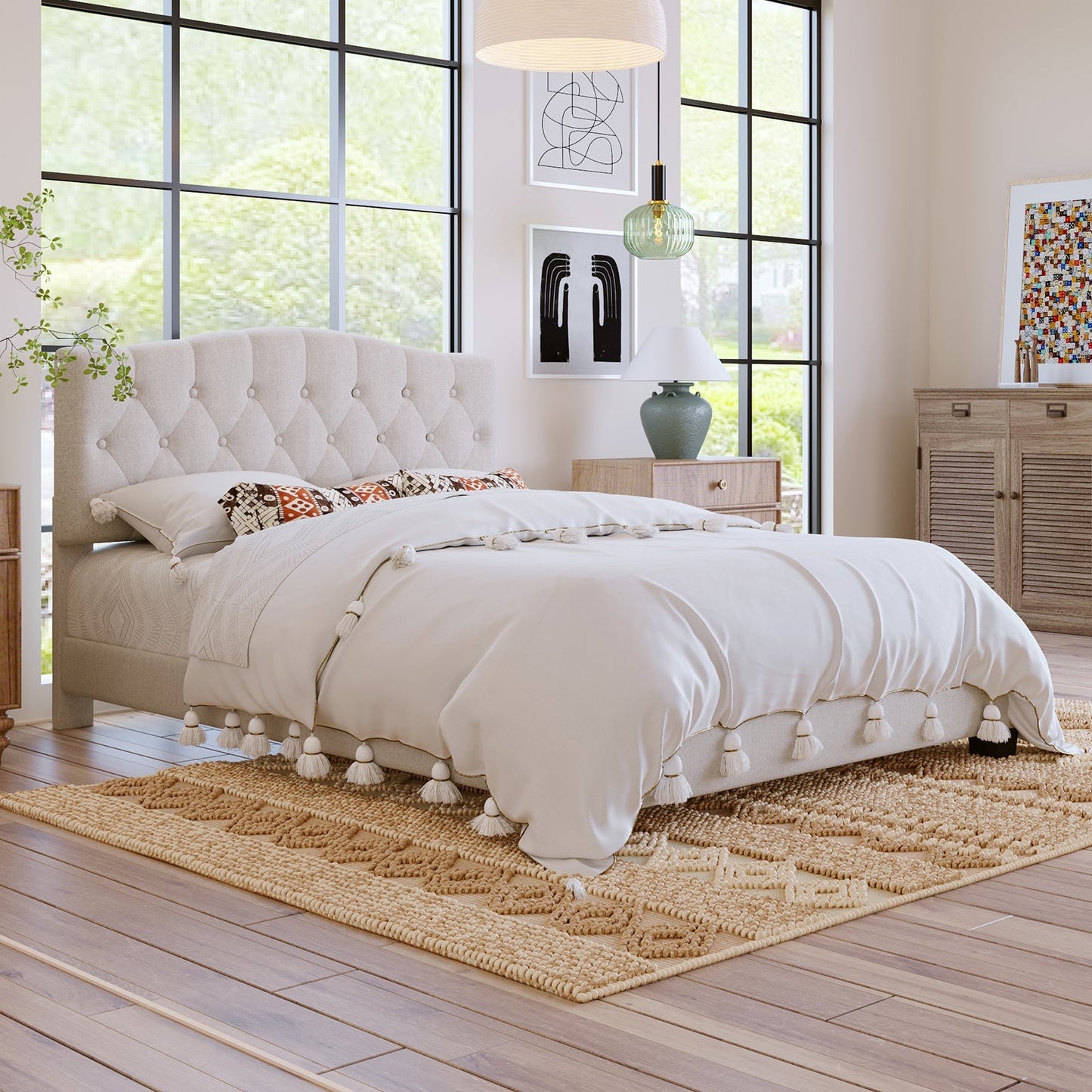 Josephine Upholstered Platform Bed with Saddle Curved Headboard and Diamond Tufted Details-Beige