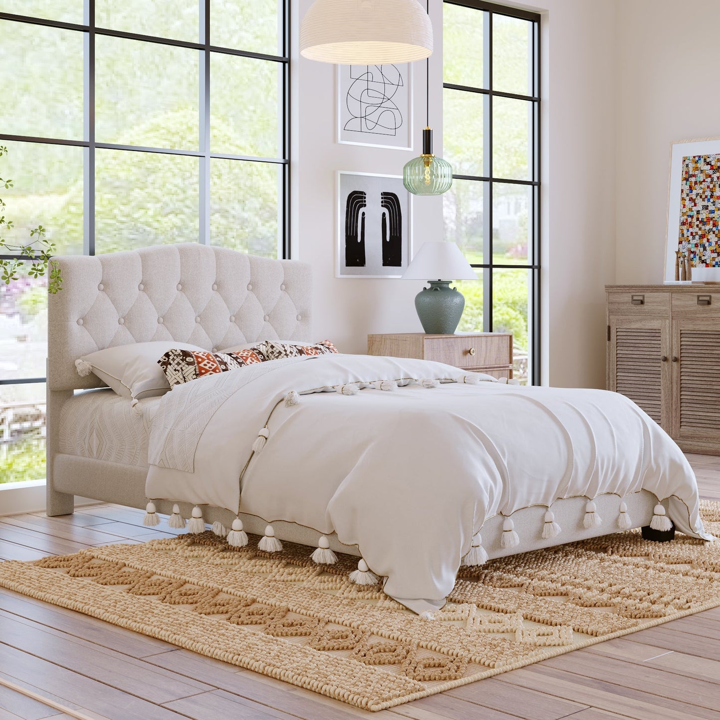 Josephine Upholstered Platform Bed with Saddle Curved Headboard and Diamond Tufted Details-Beige