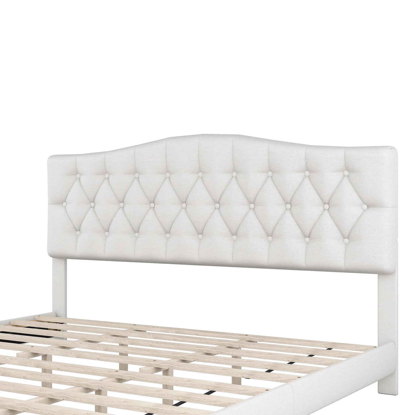 Josephine Upholstered Platform Bed with Saddle Curved Headboard and Diamond Tufted Details-Beige