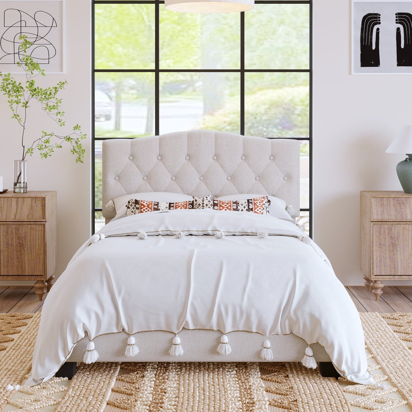Josephine Upholstered Platform Bed with Saddle Curved Headboard and Diamond Tufted Details-Beige