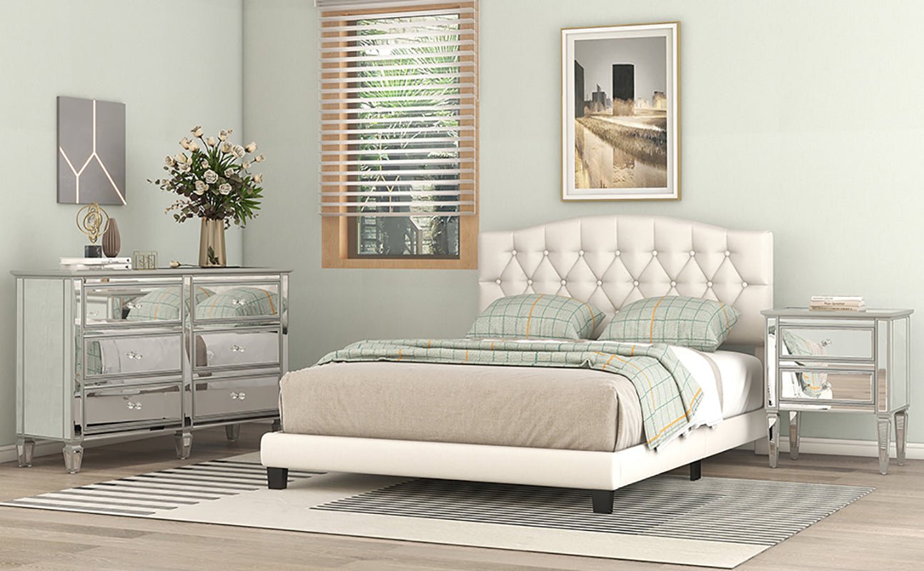 Josephine Upholstered Platform Bed with Saddle Curved Headboard and Diamond Tufted Details-Beige