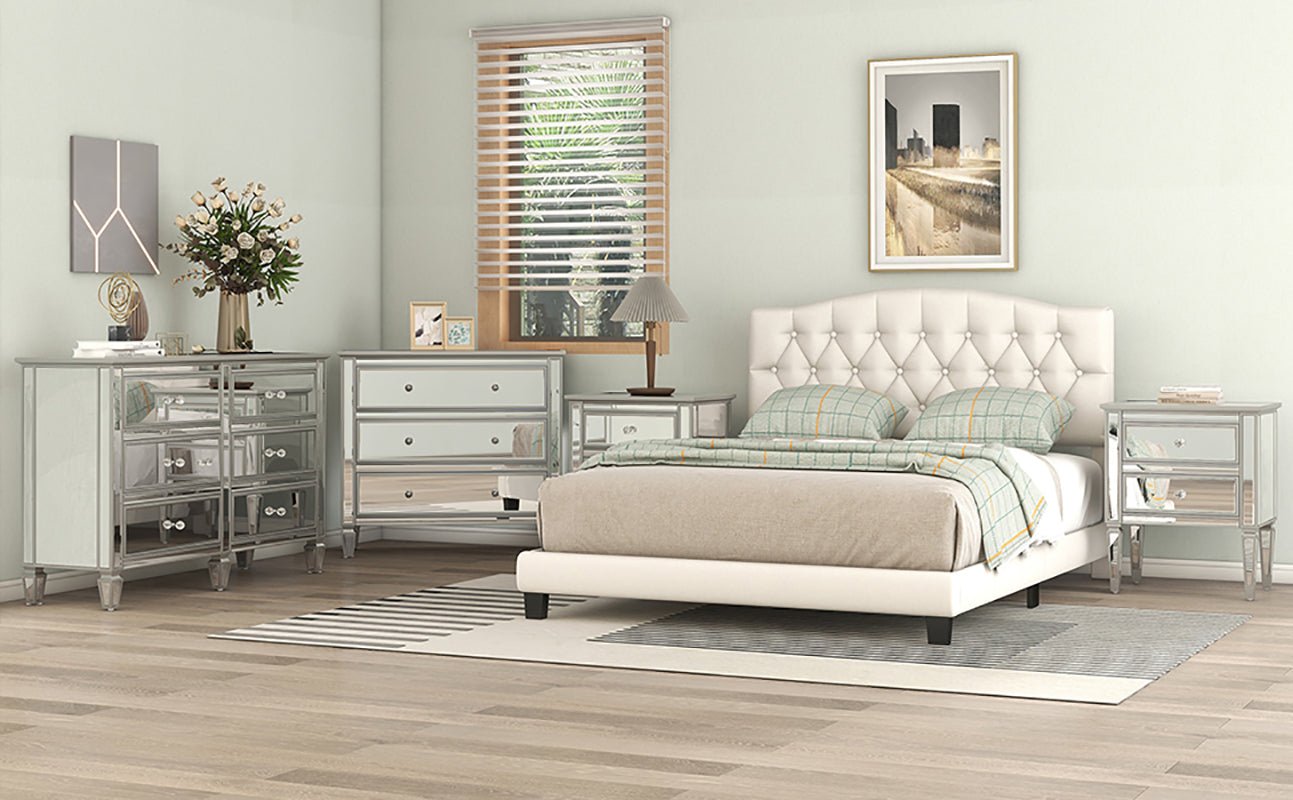 Josephine Upholstered Platform Bed with Saddle Curved Headboard and Diamond Tufted Details-Beige