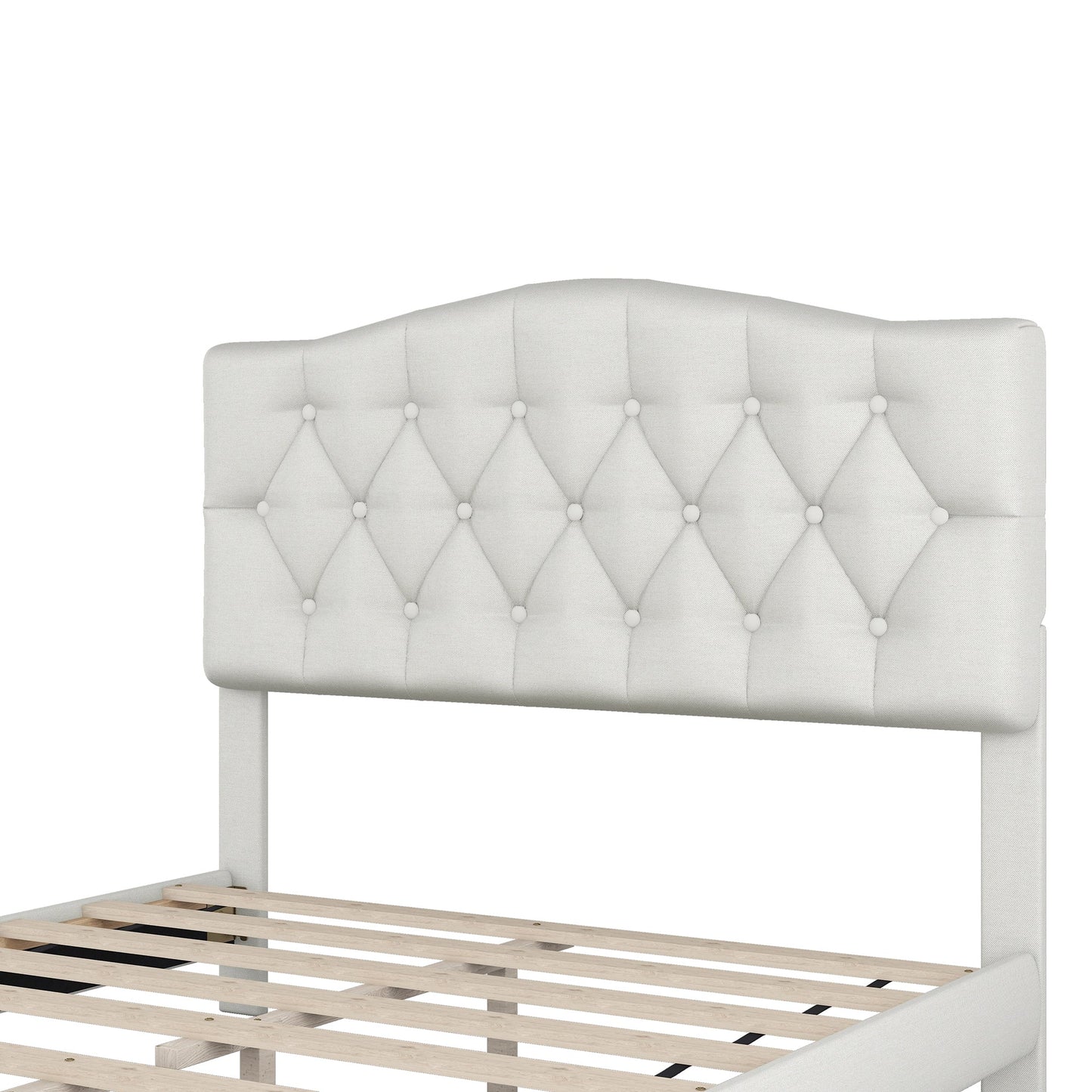 Josephine Upholstered Platform Bed with Saddle Curved Headboard and Diamond Tufted Details-Beige