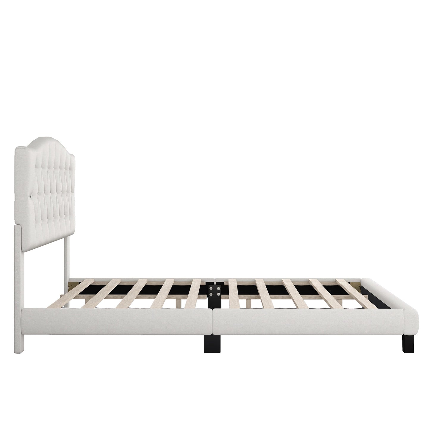 Josephine Upholstered Platform Bed with Saddle Curved Headboard and Diamond Tufted Details-Beige