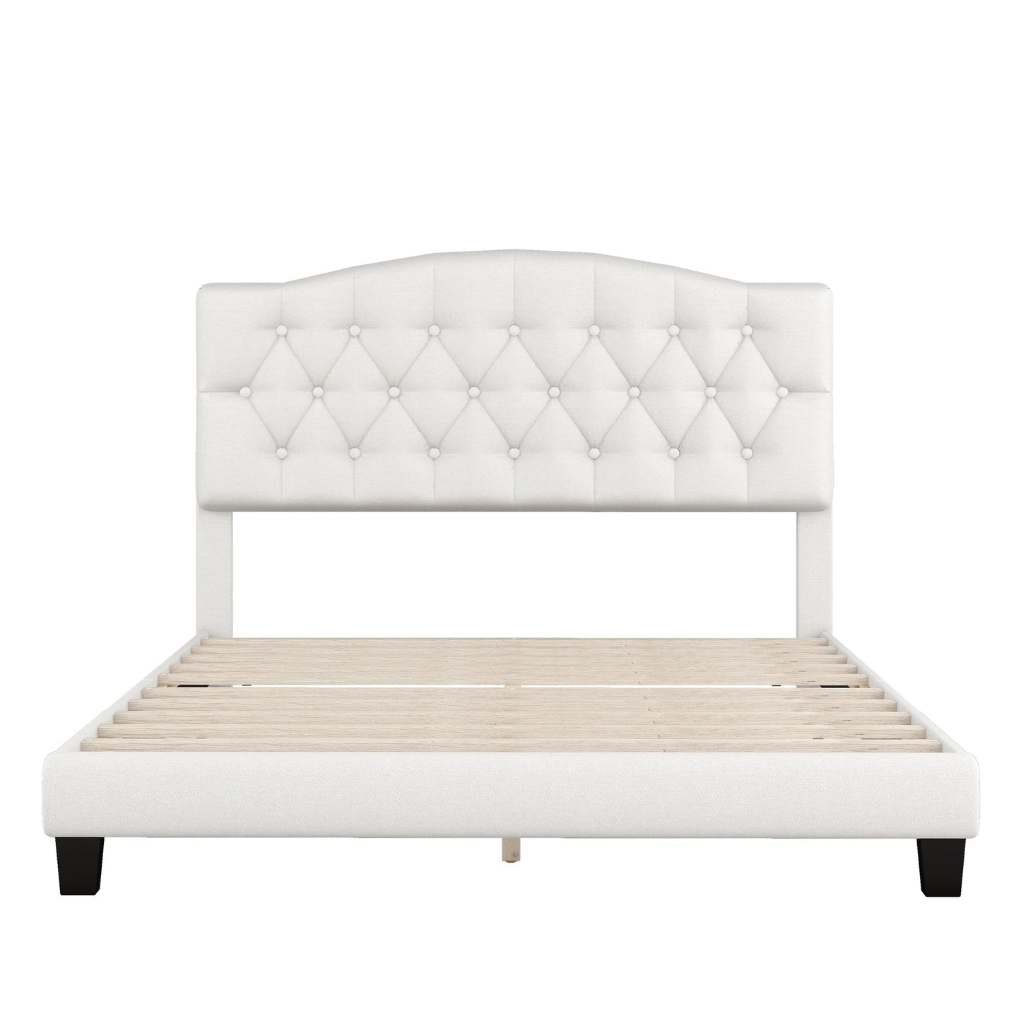 Josephine Upholstered Platform Bed with Saddle Curved Headboard and Diamond Tufted Details-Beige