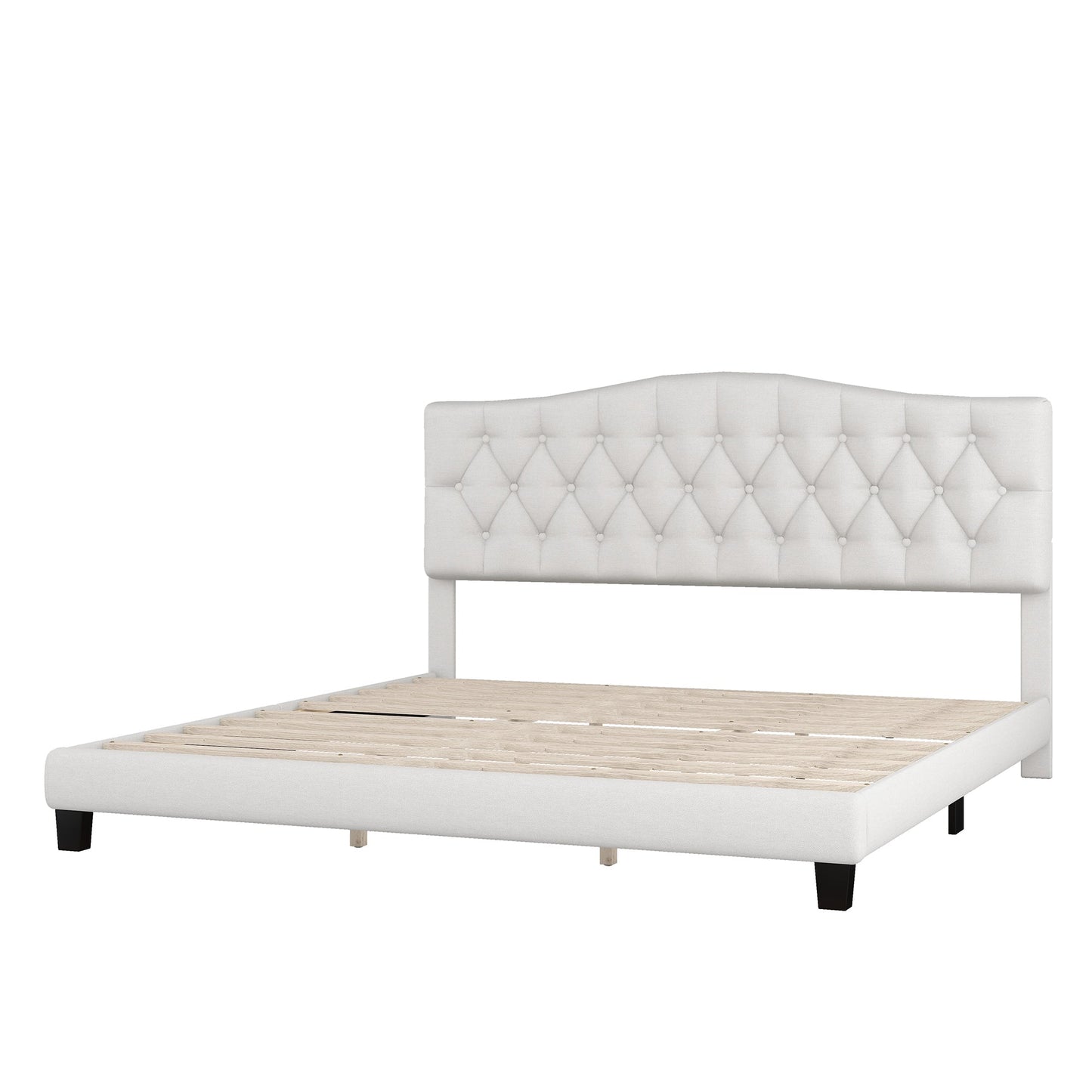 Josephine Upholstered Platform Bed with Saddle Curved Headboard and Diamond Tufted Details-Beige