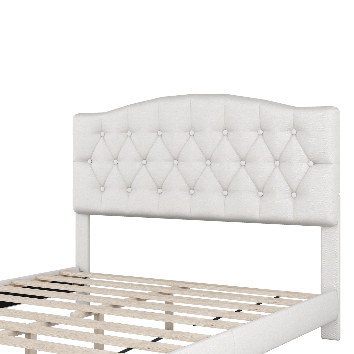 Josephine Upholstered Platform Bed with Saddle Curved Headboard and Diamond Tufted Details-Beige