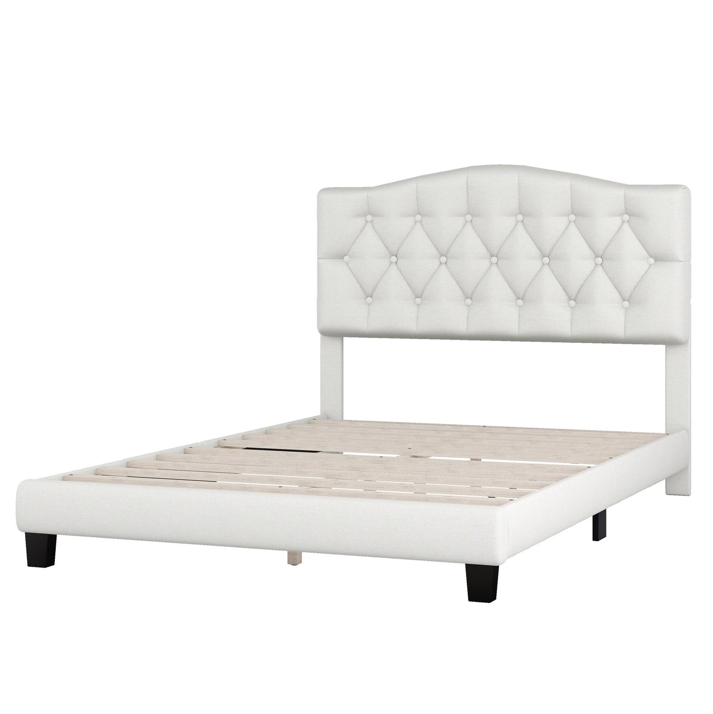 Josephine Upholstered Platform Bed with Saddle Curved Headboard and Diamond Tufted Details-Beige